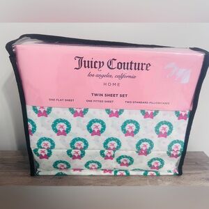 Juicy Couture TWIN Sheet Set White JC Monogram Wreath Print Holiday Winter Y2K
